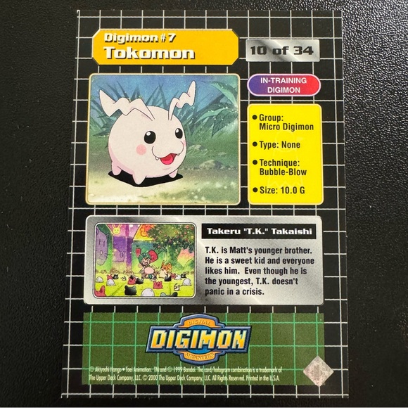 1999 Digimon 10 Of 34 #7 T.K. And Tokomon Animated Series 1 Holo Foil - Picture 2 of 2